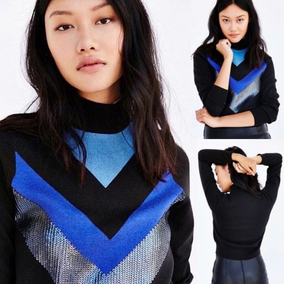 Urban Outfitters Sweaters - NEW Urban Outfitters Alice & UO Mock Neck Chevron Sequin Knit Sweater Black Blue